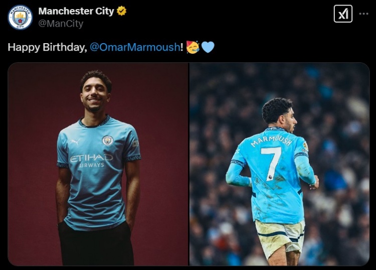  馬爾穆什迎26歲生日，曼城官推曬照為其送上生日祝福