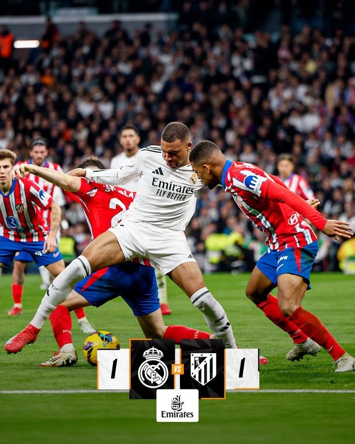  馬德里德比自1980年以來(lái)首次3連平，歷史首次連續(xù)3場(chǎng)1-1