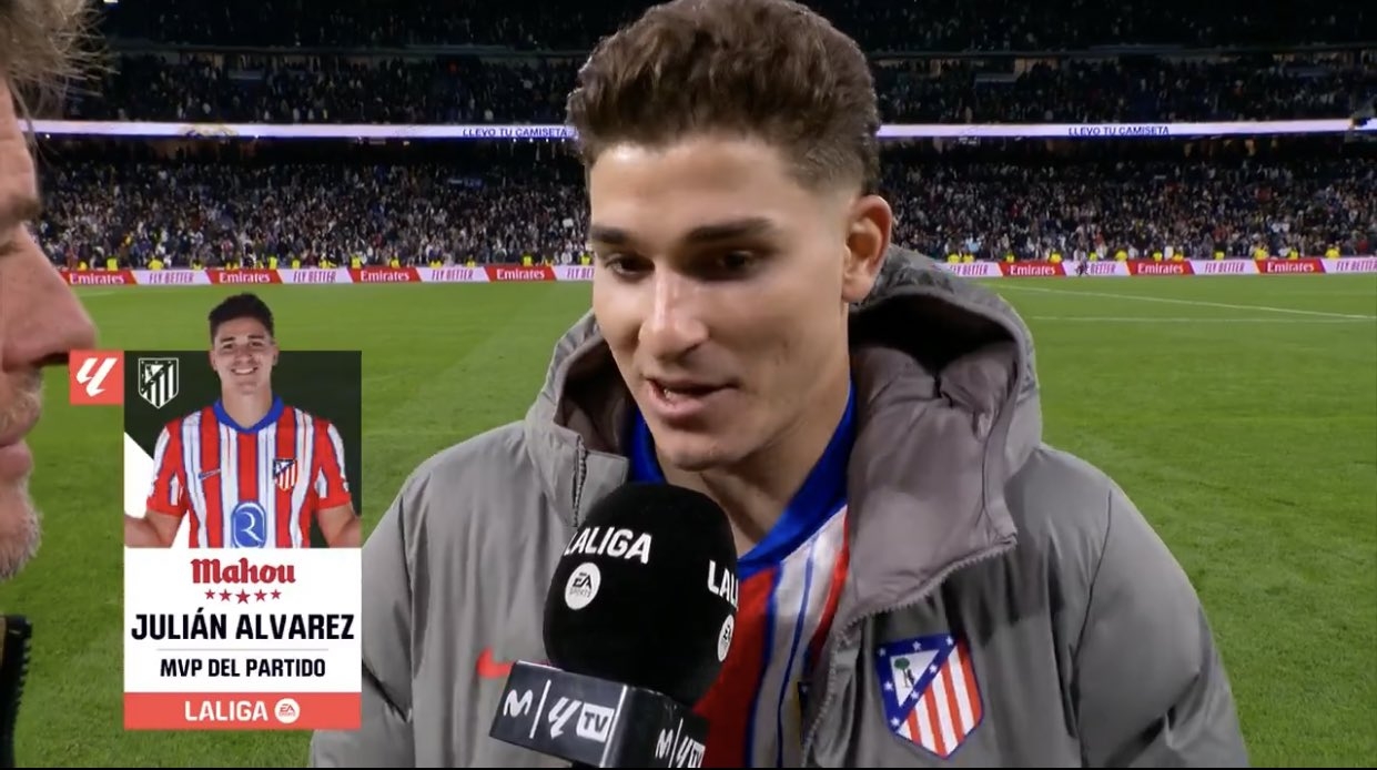  點(diǎn)射破門+3次關(guān)鍵傳球！阿爾瓦雷斯當(dāng)選馬德里德比最佳球員