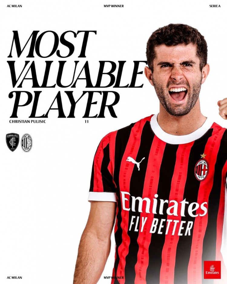  2助攻3關(guān)鍵傳球，普利西奇當(dāng)選米蘭2-0恩波利一役全場(chǎng)最佳