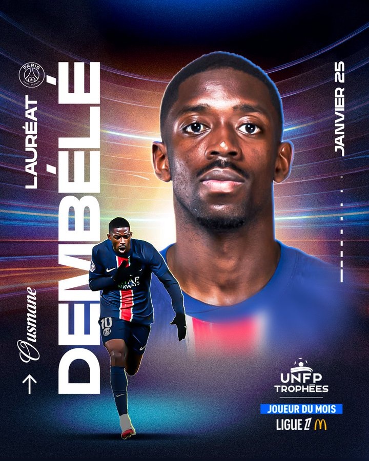  2場(chǎng)3球，登貝萊當(dāng)選法甲1月最佳球員！賽季至今27場(chǎng)21球6助