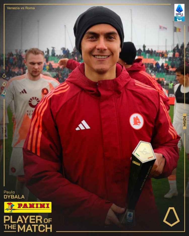  點(diǎn)射制勝！迪巴拉當(dāng)選羅馬1-0威尼斯一役全場最佳球員