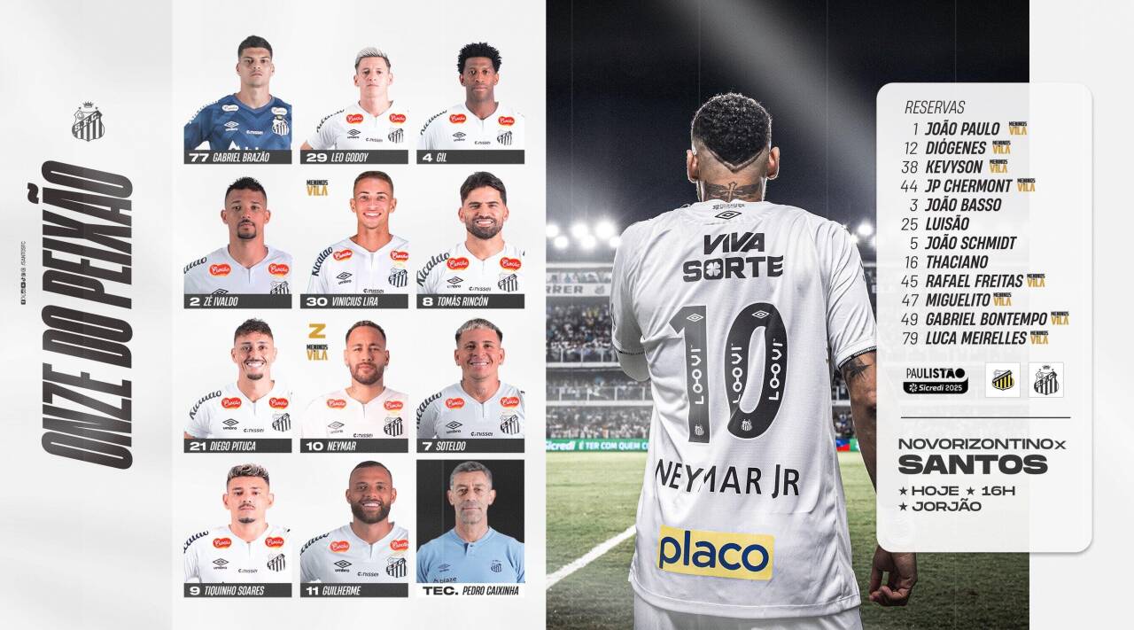  桑托斯本輪圣保羅州聯(lián)賽首發(fā)：內(nèi)馬爾領(lǐng)銜，吉爾在列