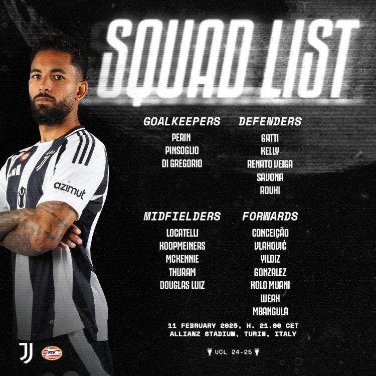  尤文歐冠對(duì)陣埃因霍溫大名單：弗拉霍維奇、穆阿尼、凱利在列