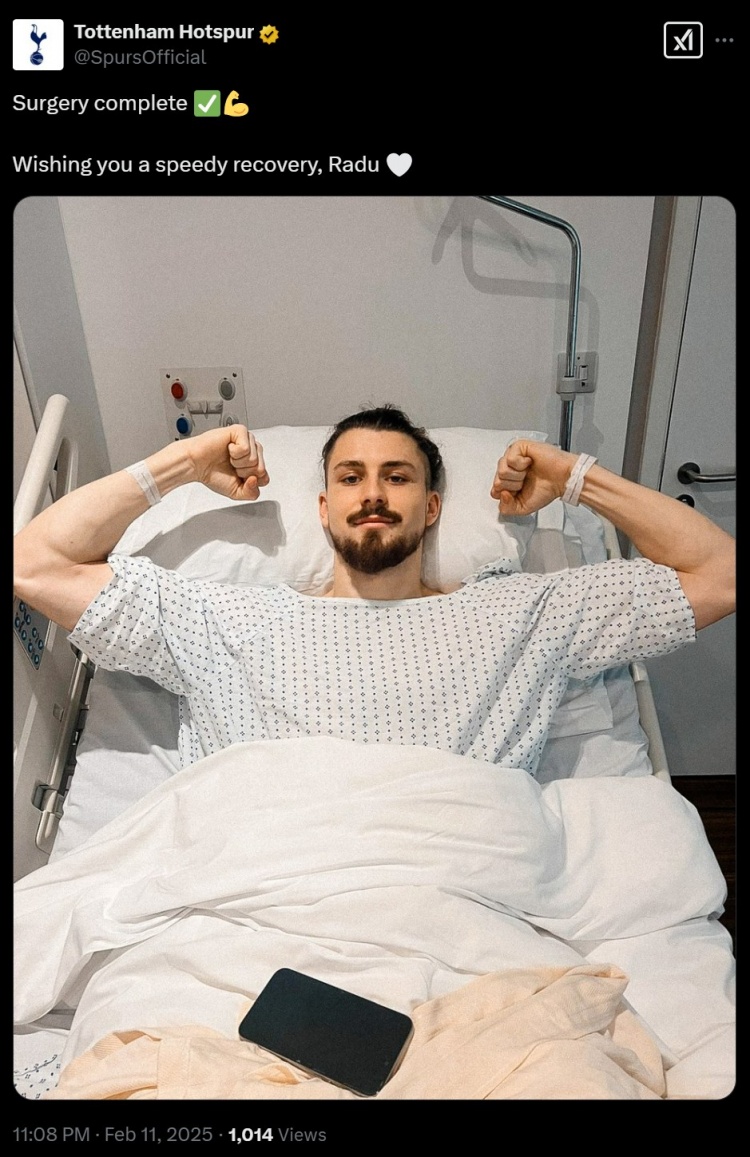  早日康復(fù)！德拉古辛順利完成十字韌帶手術(shù)，熱刺曬術(shù)后照送祝福