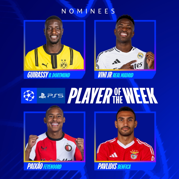  歐冠本周最佳球員候選：吉拉西、派修、帕夫利季斯、維尼修斯入圍