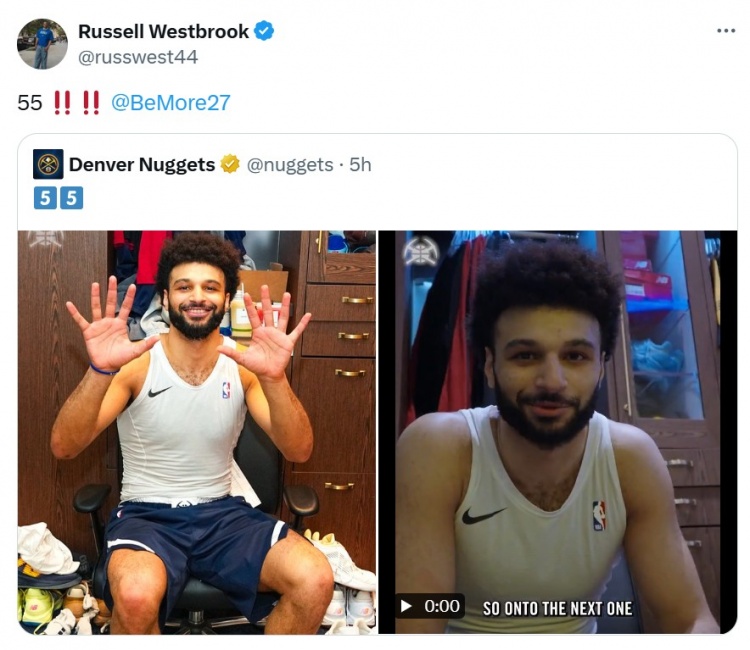  穆雷爆砍55分后用雙手比“55”手勢！威少轉(zhuǎn)發(fā)：55????