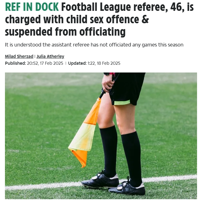  太陽報：46歲前英甲裁判被指控與15歲女孩發(fā)生性關(guān)系，將出庭受審