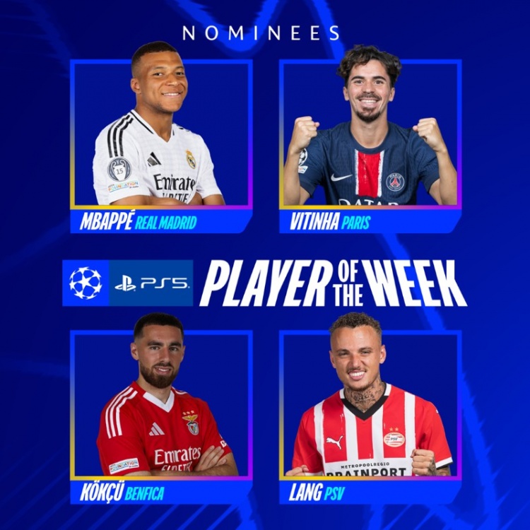  歐冠周最佳球員候選：姆巴佩領(lǐng)銜，維蒂尼亞、諾阿朗、科克庫入選