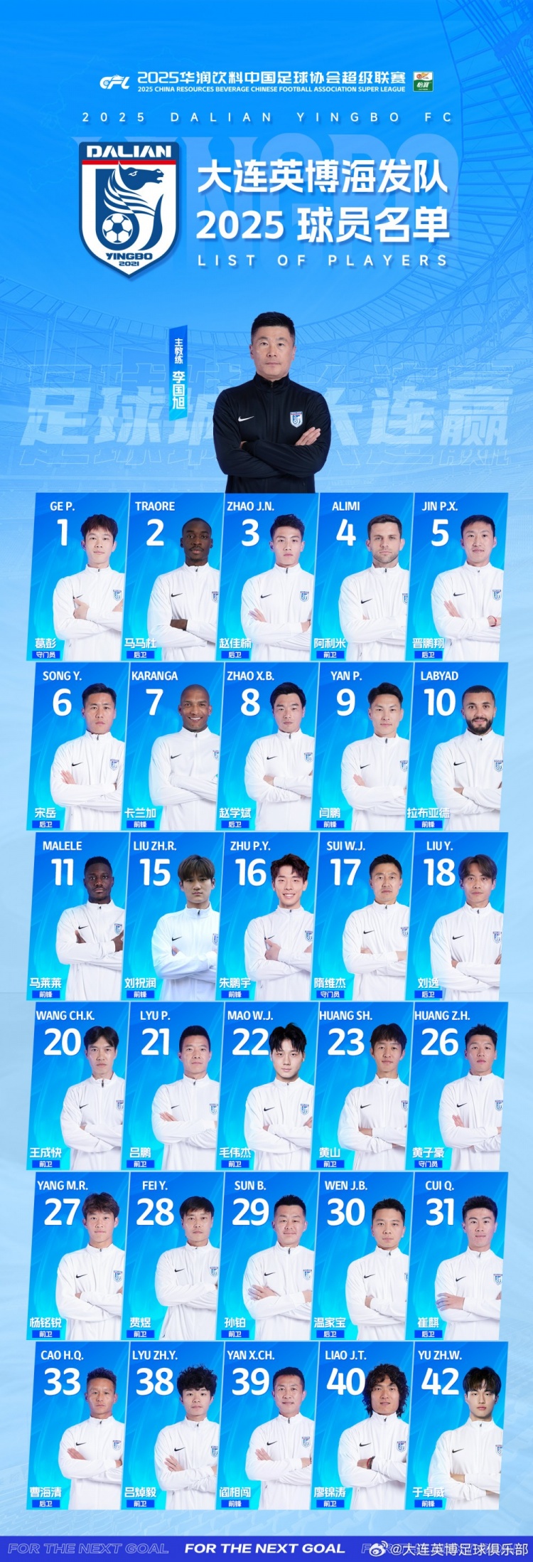  大連英博一線隊(duì)名單：10號(hào)拉布亞德領(lǐng)銜五外援，共30名球員入選