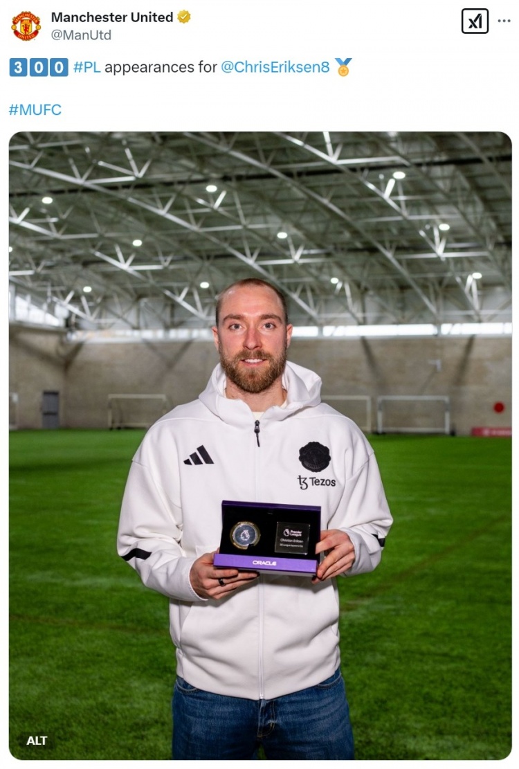  54球80助！埃里克森達(dá)成英超300場(chǎng)里程碑，獲贈(zèng)紀(jì)念品