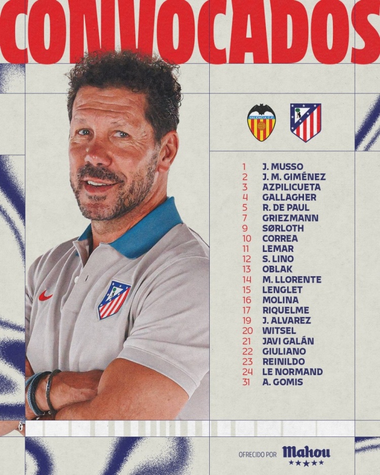  馬競戰(zhàn)瓦倫大名單：格列茲曼領(lǐng)銜，巴里奧斯停賽，科克傷缺