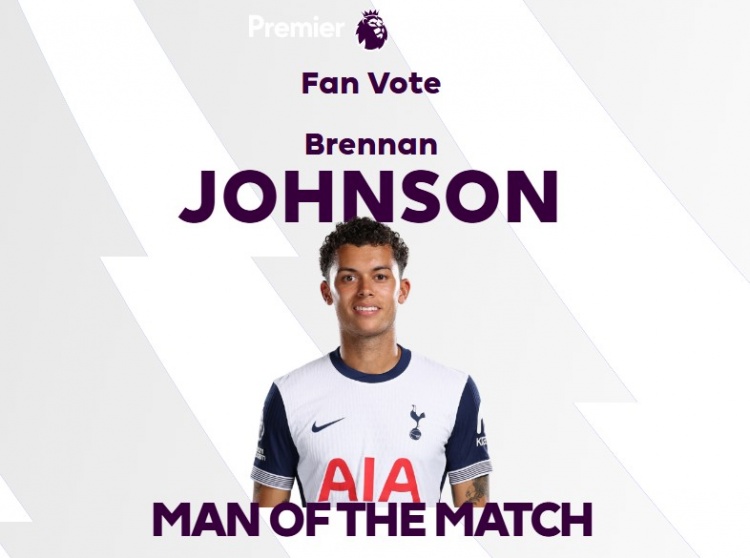  梅開二度！官方：布倫南-約翰遜當選熱刺4-1伊普斯維奇全場最佳