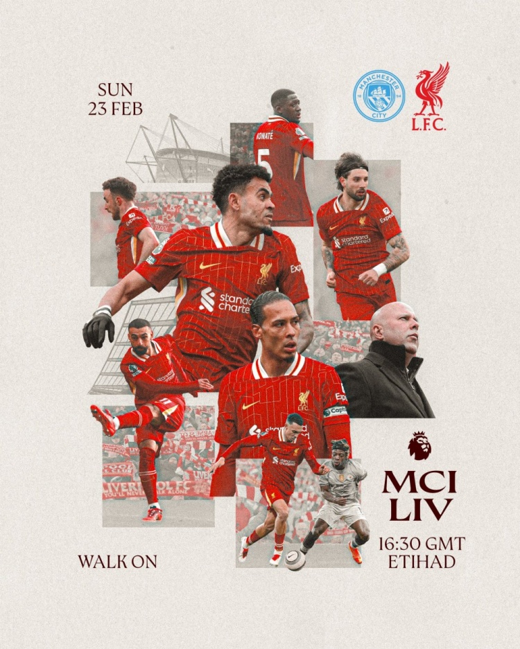 利物浦發(fā)布客戰(zhàn)曼城海報(bào)：斯洛特、范迪克、薩拉赫、迪亞斯出鏡