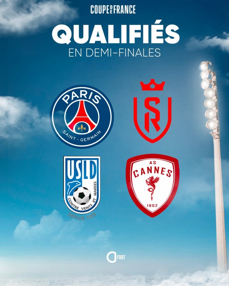  法國杯4強：巴黎和蘭斯2支法甲球隊，1支法乙和1支法丁球隊