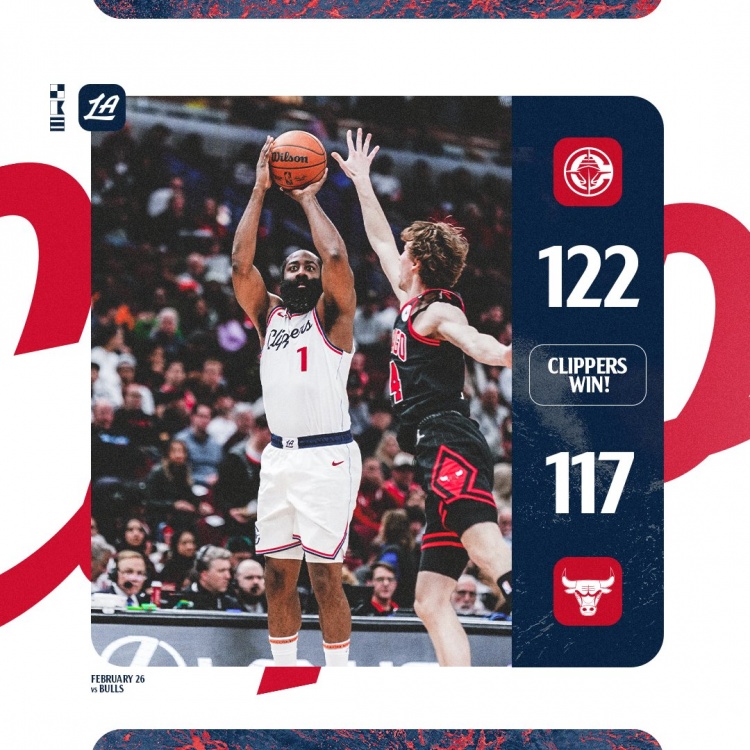  砍30分6助&關(guān)鍵三分殺死比賽！快船官方贏球海報封面人物：哈登