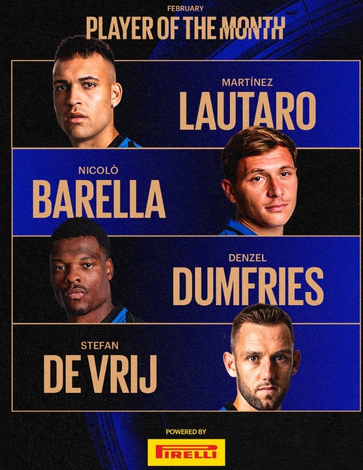  國米官方評二月隊內(nèi)最佳候選：勞塔羅、巴雷拉、鄧弗里斯、德弗里