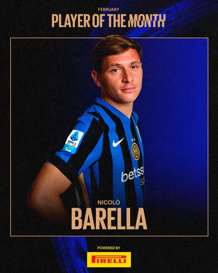  國(guó)米官方：巴雷拉當(dāng)選2月隊(duì)內(nèi)最佳，擊敗勞塔羅、鄧弗里斯等人