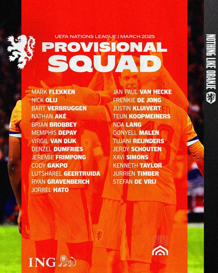  荷蘭歐國聯(lián)名單：范迪克、德容在列，德里赫特、齊爾克澤落選