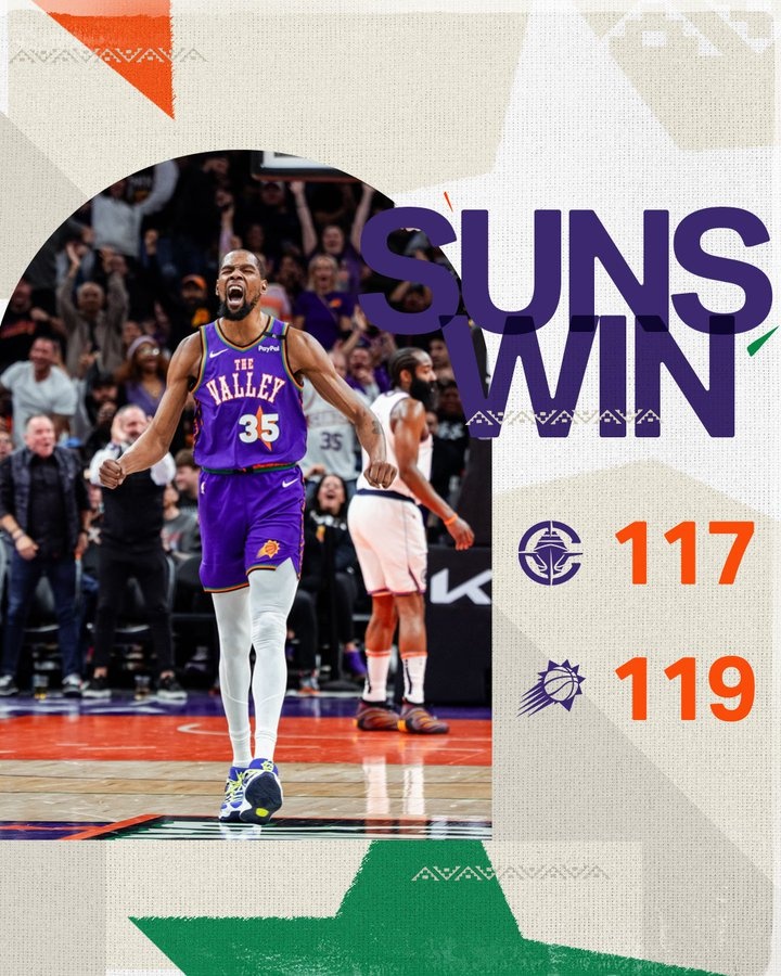  當(dāng)記首功！太陽(yáng)官方曬贏球海報(bào) 杜蘭特振臂怒吼 哈登成為背景