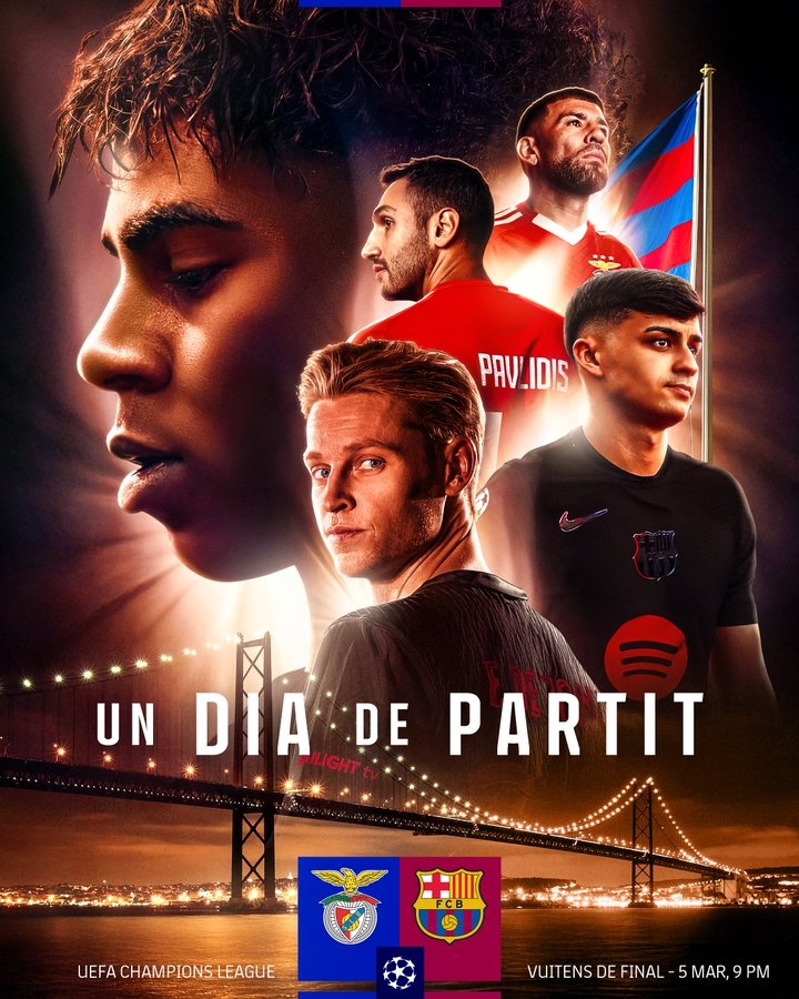  巴薩曬海報預熱與本菲卡比賽，亞馬爾、德容、佩德里出鏡