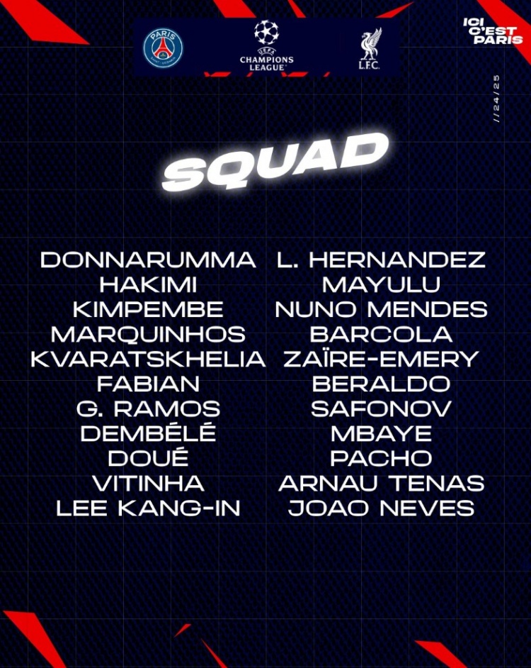  巴黎對陣利物浦大名單：登貝萊領(lǐng)銜鋒線，馬爾基尼奧斯坐鎮(zhèn)后防