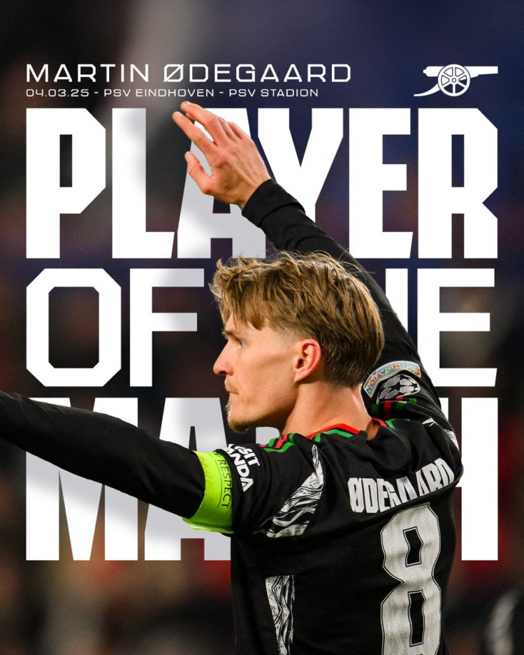  2射1傳！阿森納官方：厄德高當選7-1埃因霍溫隊內最佳球員