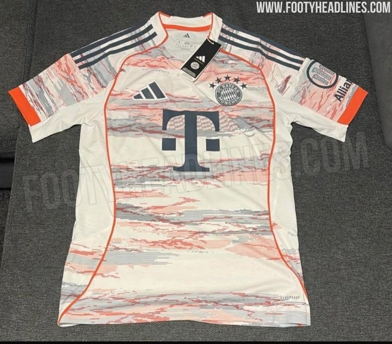  拜仁25-26賽季客場(chǎng)球衣曝光，白色搭配紅色灰色抽象圖案