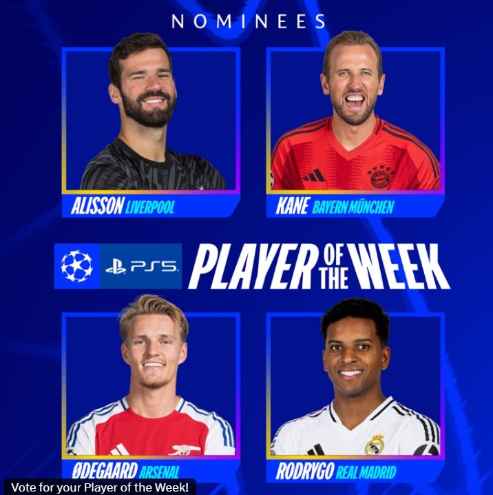  歐冠官方本輪最佳球員候選：阿利森、凱恩、羅德里戈、厄德高