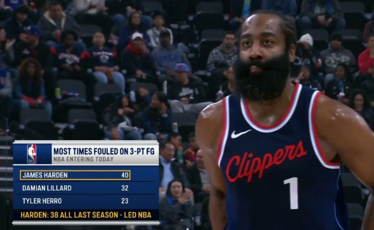  外線殺傷力十足！哈登本場之前40次三分被犯規(guī)領(lǐng)跑聯(lián)盟