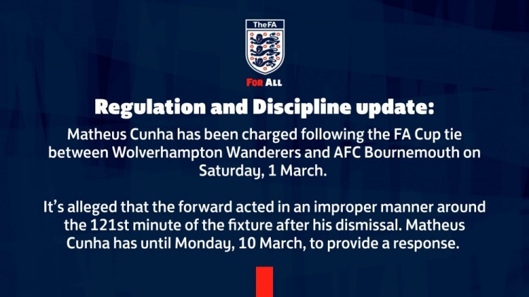  英足總官方：庫(kù)尼亞在足總杯被罰下后行為不當(dāng)，對(duì)他提出指控