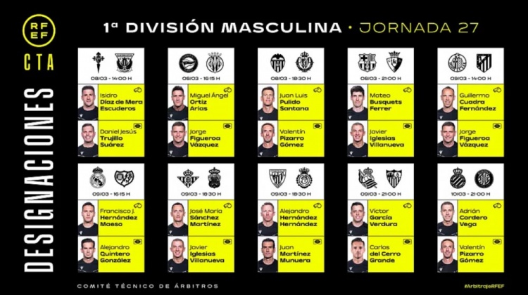  西甲第27輪裁判：費雷爾主裁巴薩VS奧薩蘇納，梅索執(zhí)法皇馬