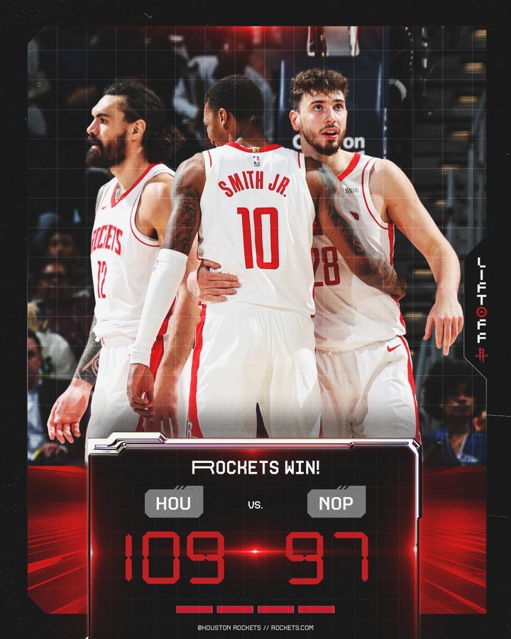  火箭官方曬贏球海報(bào)：申京、亞當(dāng)斯、小賈巴里一起登上封面