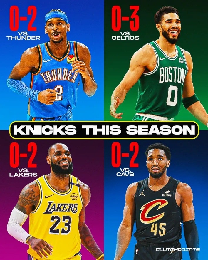 欺軟怕硬？尼克斯本季對聯(lián)盟前四騎士/雷霆/綠軍/湖人共0勝9負