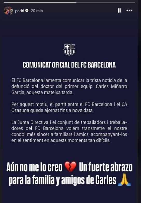  痛心！特爾施特根、佩德里、加維等球員社媒發(fā)文哀悼離世隊(duì)醫(yī)