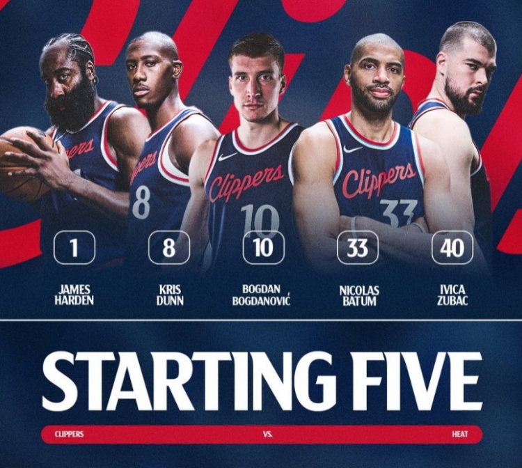  小卡輪休！快船首發(fā)：哈登、鄧恩、博格丹、巴圖姆、祖巴茨