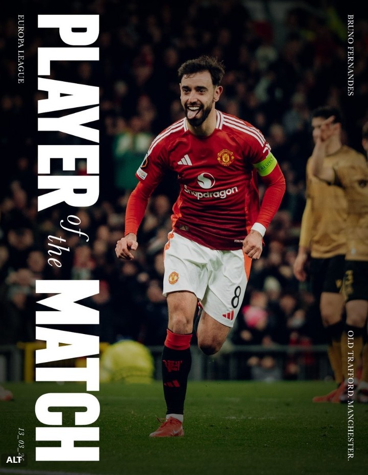  毋庸置疑，曼聯(lián)官方：上演帽子戲法的B費(fèi)當(dāng)選本輪歐聯(lián)隊(duì)內(nèi)最佳