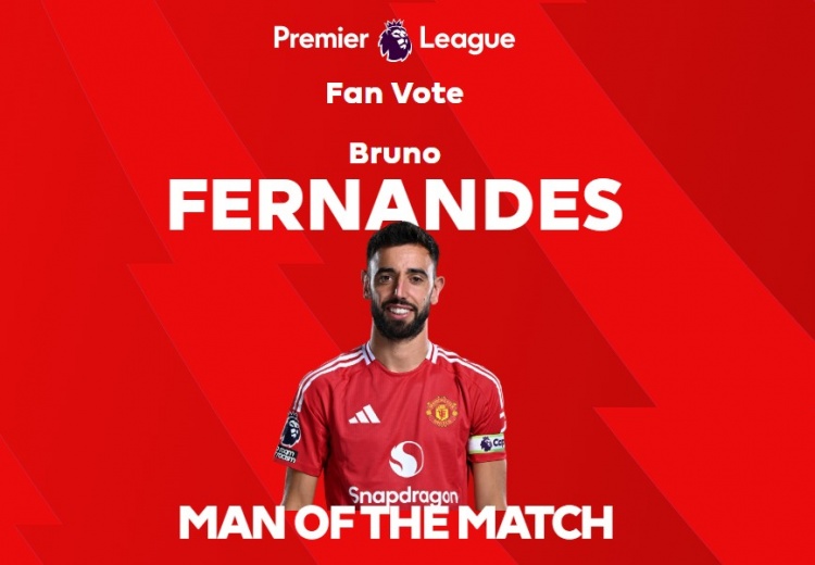  1射2傳，英超官方：B費(fèi)當(dāng)選曼聯(lián)3-0萊斯特城全場最佳