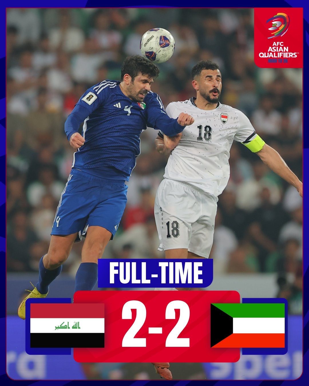  101分鐘絕平！世預(yù)賽伊拉克補(bǔ)時(shí)階段連進(jìn)兩球，2-2戰(zhàn)平科威特