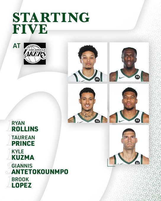  客場挑戰(zhàn)湖人！雄鹿今日首發(fā)：字母哥領(lǐng)銜 表哥缺陣 庫茲馬戰(zhàn)舊主