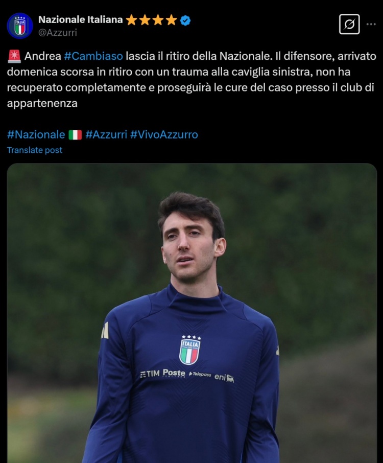  意大利隊(duì)官方：坎比亞索因左腳踝傷勢退出本期國家隊(duì)，將返回尤文