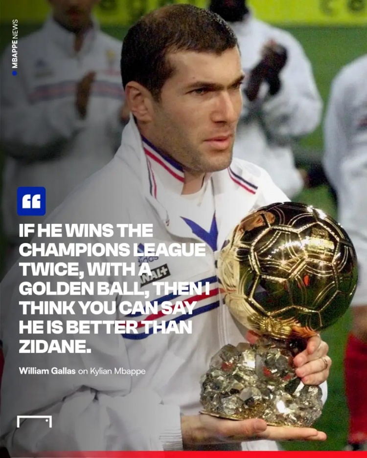  加拉：姆巴佩數(shù)據(jù)是超越了齊達(dá)內(nèi)，但他距離齊祖還差2歐冠+1金球