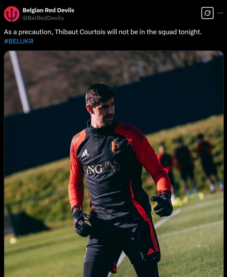  膝蓋出現(xiàn)傷情，比利時官方：作為預(yù)防措施，庫爾圖瓦不出戰(zhàn)烏克蘭