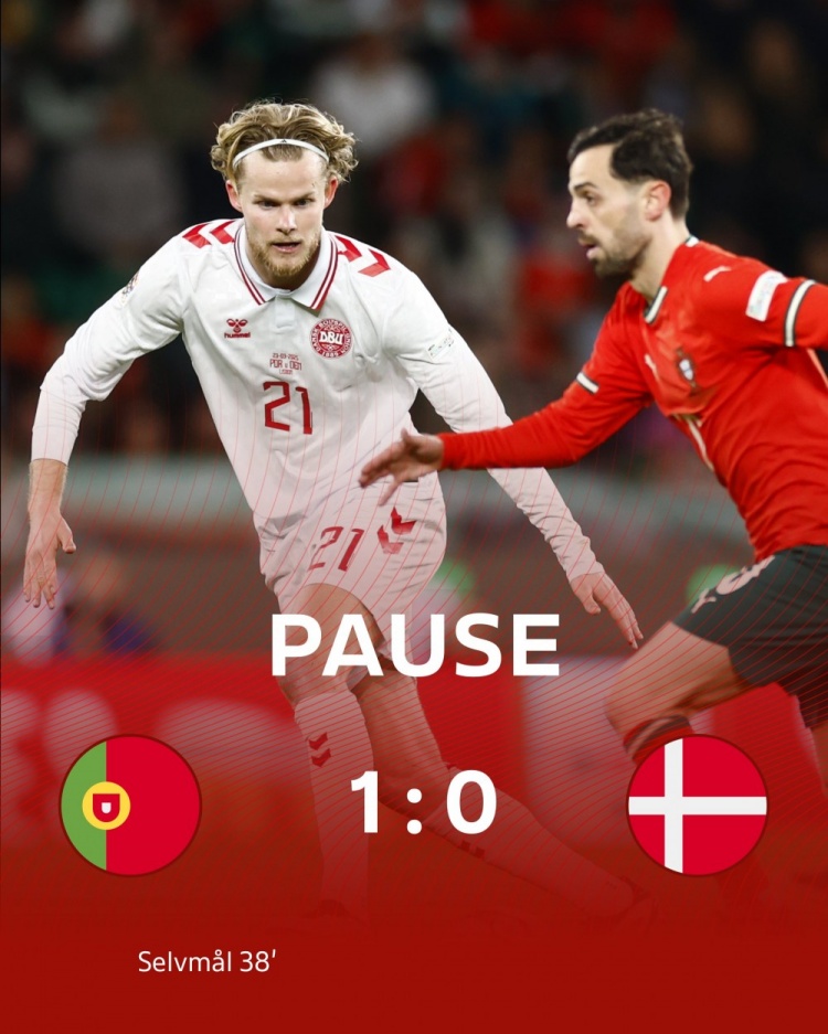  半場-葡萄牙1-0丹麥 C羅開場造點+點射被撲B費角球造烏龍