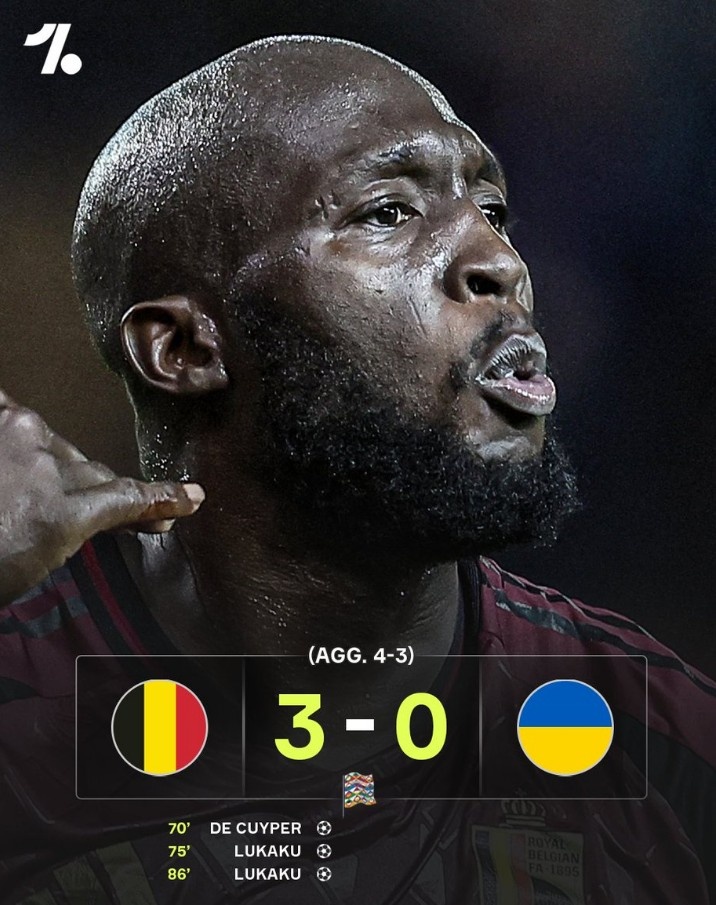  歐國(guó)聯(lián)升級(jí)賽次回合比利時(shí)3-0擊敗烏克蘭，盧卡庫(kù)梅開二度