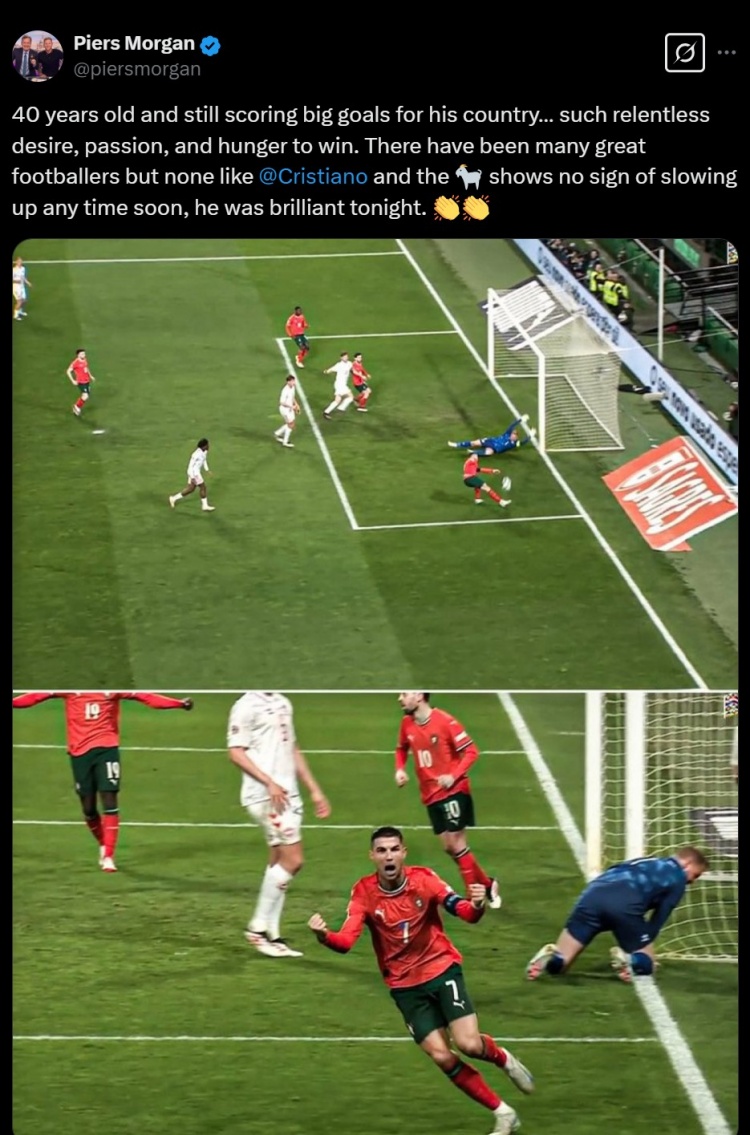  摩根叒稱贊C羅：40歲了還如此渴望勝利，沒(méi)有球員能做到GOAT這樣