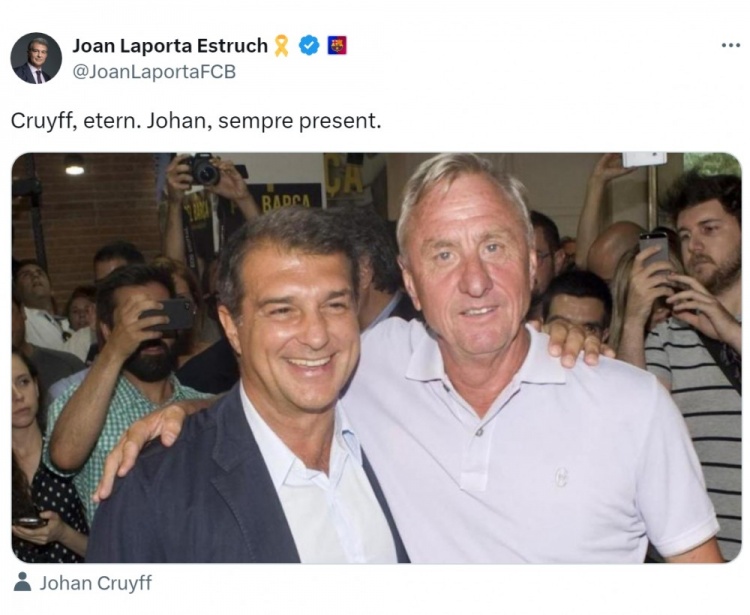  克魯伊夫逝世九周年，拉波爾塔社媒曬合照悼念：永恒不朽