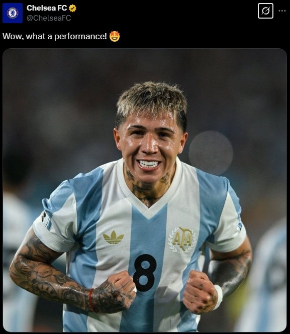  切爾西官推曬恩佐在阿根廷隊的照片：哇哦，多么出色的表現(xiàn)！