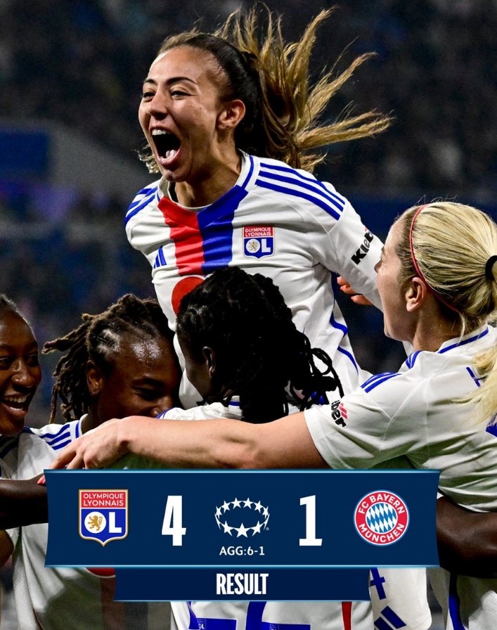  里昂女足4-1大勝拜仁女足，總比分6-1晉級(jí)女足歐冠半決賽