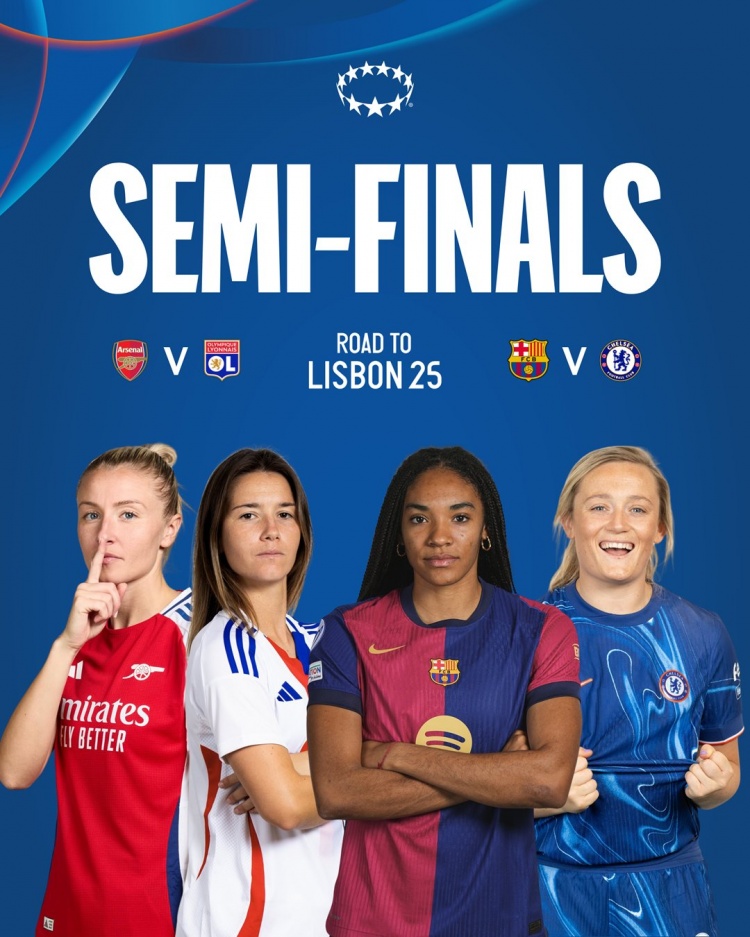  女足歐冠半決賽對(duì)陣：阿森納vs里昂，巴薩vs切爾西
